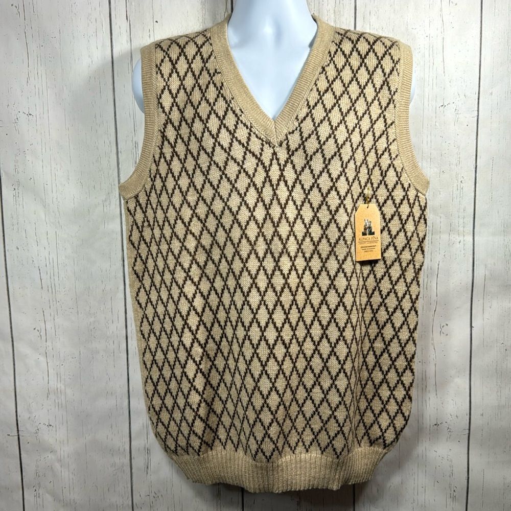 Alpaca Fina Peruvian Knit Sweater Vest Beige Brown Diamond Argyle Preppy